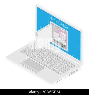 Online-Banking-Konzept. Mikrokredit. Laptop mit Banksafe. Vektor. Isometrische Ansicht. Stock Vektor