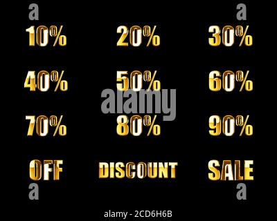 10% 20% 30% 40% 50% 60% 70% 80% 90% RABATT SALE Gold 3D Rendering Text. Prozent Rabatt Verkauf Förderung aus 3d gerendert isoliert auf schwarz backgr Stockfoto