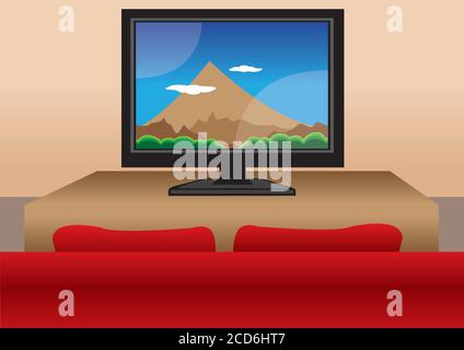 Großer TV-Bildschirm mit einem roten Sofa im Wohnzimmer, Vektor-Illustration. Stock Vektor