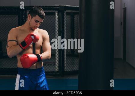 Muskulös hart arbeitende Kämpfer in roten Boxhandschuhen üben mit Boxsack, Trainingsstärke und Ausdauer. Das Konzept von Sport, Boxen und Ma Stockfoto