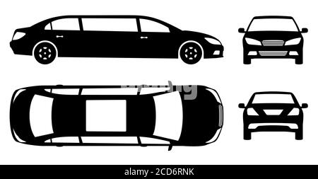 Limousine Silhouette auf weißem Hintergrund. Schwarze Fahrzeugsymbole stellen die Ansicht von der Seite, von vorne, von hinten und von oben ein Stock Vektor