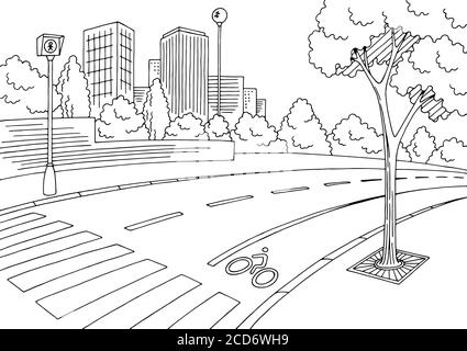 Straße Straße Grafik schwarz weiß Stadt Landschaft Skizze Illustration Vektor Stock Vektor