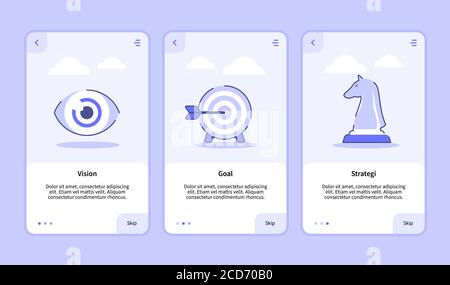 Bildschirm Vision Goal Strategy Onboarding für Vorlage für mobile Apps Banner Page UI mit drei Varianten moderner flacher Outline-Stil Stock Vektor