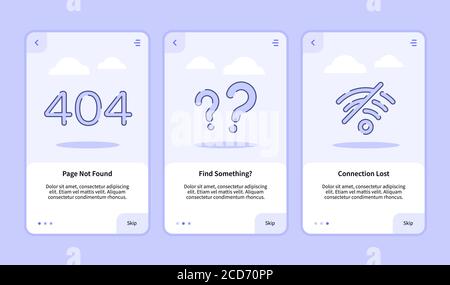 Seite nicht gefunden. Es wurde eine Verbindung gefunden, für die der Onboarding-Bildschirm unterbrochen wurde Mobile Apps Vorlage Bannerseite UI mit drei Variationen modern Flacher Umriss Stock Vektor