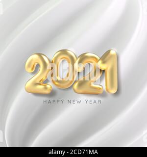 Frohes neues Jahr. 3D realistische goldene Inschrift Ballon 2021 auf weißem Seidenhintergrund. Vektor Stock Vektor