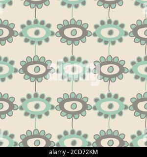 Vektor kindliche Zeichnung von Blumen nahtlose Muster Hintergrund. Neutraler Hintergrund mit malerischen Blumen in hellblauem und cremefarbenem Licht. Geometrisch Stock Vektor