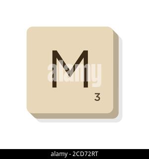 Buchstabe M in scrabble Alphabet. Isolieren Sie Vektordarstellung, um eigene Wörter und Sätze zu erstellen. Stock Vektor