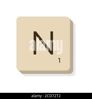 Buchstabe N in scrabble Alphabet. Isolieren Sie Vektordarstellung, um eigene Wörter und Sätze zu erstellen. Stock Vektor
