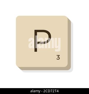 Buchstabe P in scrabble Alphabet. Isolieren Sie Vektordarstellung, um eigene Wörter und Sätze zu erstellen. Stock Vektor