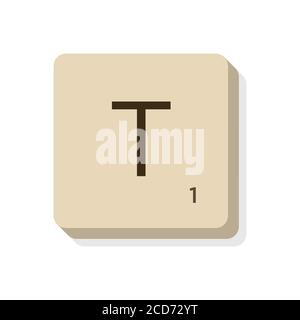 Buchstabe T in scrabble Alphabet. Isolieren Sie Vektordarstellung, um eigene Wörter und Sätze zu erstellen. Stock Vektor