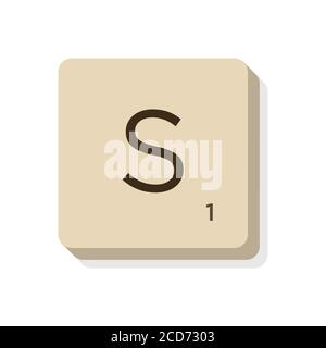 Buchstabe S in scrabble Alphabet. Isolieren Sie Vektordarstellung, um eigene Wörter und Sätze zu erstellen. Stock Vektor