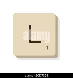 Buchstabe L in scrabble Alphabet. Isolieren Sie Vektordarstellung, um eigene Wörter und Sätze zu erstellen. Stock Vektor