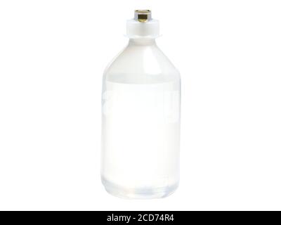 Flasche mit Kochsalzlösung für intravenöse Infusion, isoliert auf weiß Stockfoto