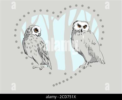 Zwei schwarz-weiße Eulen im Holz mit Herzform im Sketch-Stil, Valentinskarte Stock Vektor