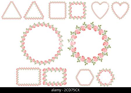 Schöne Einladungsvorlage mit rosa Rosenblütenrahmen. Set mit Vintage-Ornamenten. Vektorgrafik. Hochzeitsmode Kollektion. Stock Vektor