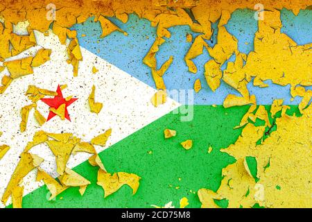 Die Nationalflagge von Dschibuti ist auf einer alten Metallwand mit zerrissener Farbe gemalt. Ländersymbol. Stockfoto