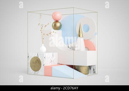 3d-Rendering von abstrakten Set mit geometrischen Formen in Marmor, Gold, rosa und blauen Hintergrund Stockfoto