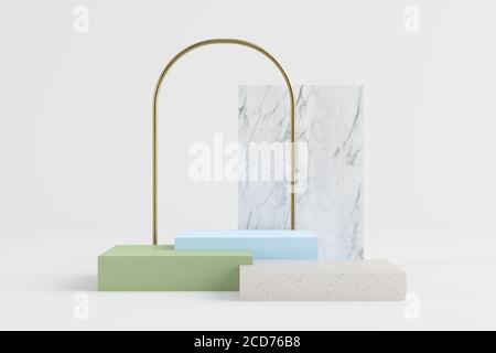 3d Rendering Podium in Granit, blau und grün mit Goldbogen, Marmor backgorund Stockfoto