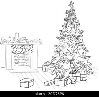 weihnachtsbaum mit Girlande und Kugeln Dekoration weiß und schwarz vektorgrafik lineart Stock Vektor