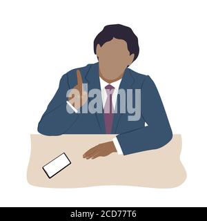Sprechender Geschäftsmann in einem Anzug am Schreibtisch. Design-Element der Konferenz. Business Mann Silhouette, flache Vektor-Illustration Stock Vektor
