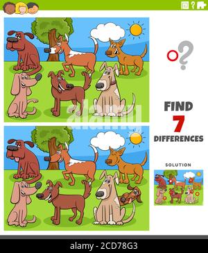 Cartoon Illustration der Suche nach Unterschieden zwischen Bildern Educational Spiel für Kinder mit Comic Dogs Gruppe Stock Vektor