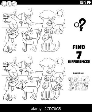 Schwarz-Weiß-Cartoon Illustration der Suche nach Unterschieden zwischen Bildern Pädagogisches Spiel für Kinder mit Comic Hunde Gruppe Malbuch Seite Stock Vektor