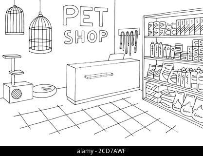 PET Shop Store Grafik Innenraum schwarz weiß Skizze Illustration Vektor Stock Vektor