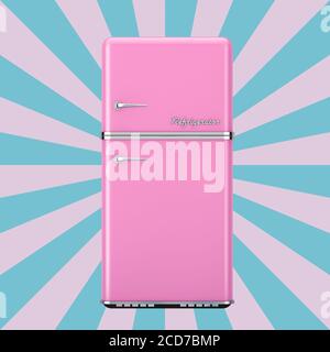 Retro Pink Kühlschrank auf einem Vintage Star Shape Pink und Blau Hintergrund. 3d-Rendering Stockfoto