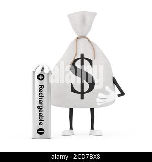Gebunden Rustikale Leinwand Leinen Geld Sack oder Geldbeutel und Dollar Zeichen-Maskottchen mit wiederaufladbaren Batterie auf weißem Hintergrund. 3d-Rendering Stockfoto