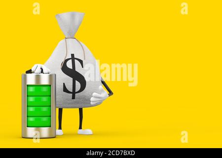 Gebunden Rustikale Leinwand Leinen Geld Sack oder Geldbeutel und Dollar Zeichen-Maskottchen mit abstrakten Ladebatterie auf einem gelben Hintergrund. 3d-Rendering Stockfoto
