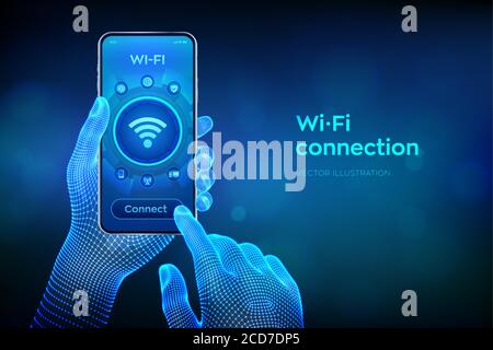 WLAN-WLAN-Verbindungskonzept. Kostenloses WLAN-Netzwerk Signaltechnologie Internet-Konzept. Nahaufnahme Smartphone in Wireframe Hände. Mobile Verbindungszone Stock Vektor