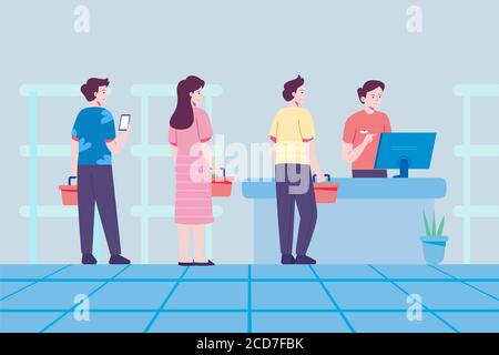 Mehrere Menschen, die Masken verwenden, stehen Schlange, um einzukaufen Supermärkte und tun soziale Distanzierung Stock Vektor