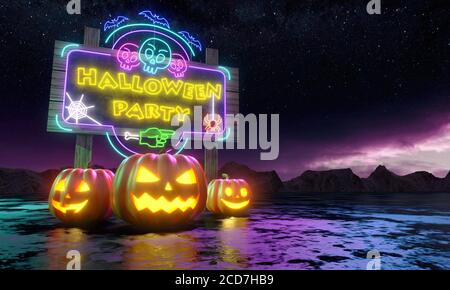 Kürbisse und Billboard mit glänzenden Neonlampen unter den Nachtsternen. Glückwunschkarte Zu Halloween. 3d-Rendering Stockfoto