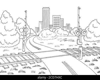 Eisenbahn Kreuzung Straße Grafik schwarz weiß Stadt Landschaft Skizze Illustration vektor Stock Vektor