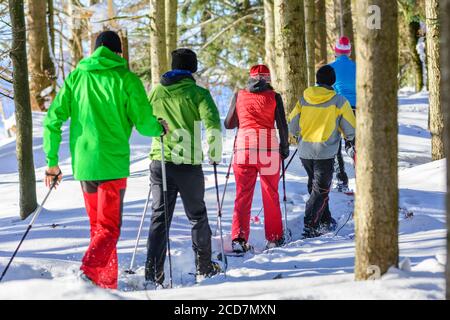 Eine Gruppe von gut gelaunten Menschen, die sich einem Schneeschuh Wanderung in der winterlichen Natur an einem kalten, sonnigen Tag Stockfoto