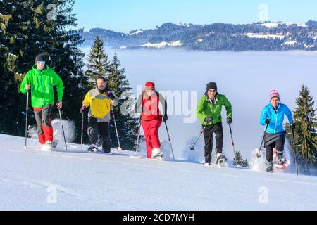 Eine Gruppe von gut gelaunten Menschen, die sich einem Schneeschuh Wanderung in der winterlichen Natur an einem kalten, sonnigen Tag Stockfoto