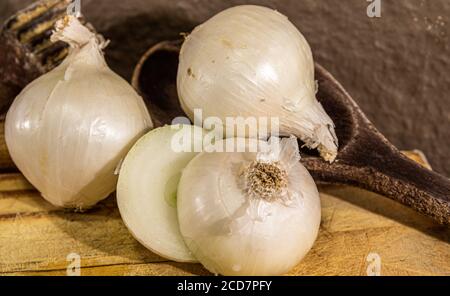 Zwiebelknollen (Allium cepa). Kulinarische Zutat. Gemüse zum Würzen und Würzen. Zwiebeln sind voller Antioxidantien und können roh verzehrt werden Stockfoto