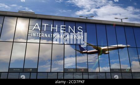 Jet-Flugzeuge landen in Athen, Griechenland 3D-Darstellung. Ankunft in der Stadt mit dem Glas Flughafen Terminal und Reflexion des Flugzeugs. Tra Stockfoto