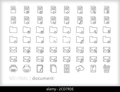 Satz von 56 Dokumentzeilen-Symbolen zum Erstellen, Versenden und Verwalten elektronischer Dokumente, Ordner, E-Mails und Dateien Stock Vektor