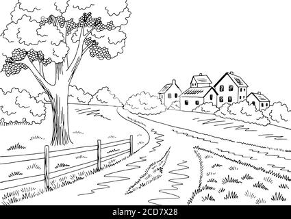 Ländliche Straße Grafik schwarz weiß Dorf Landschaft Skizze Illustration Vektor Stock Vektor