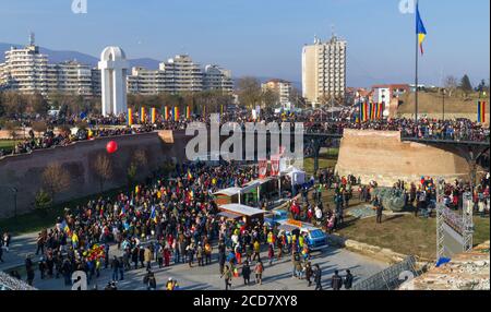 Alba Iulia, Rumänien - 01.12.2018: Panoramablick auf die 100-jährige Feier Rumäniens in der historischen Hauptstadt des Landes Stockfoto