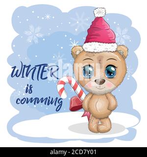 Niedlichen Cartoon-Bär mit großen Augen in einem Weihnachtshut, die Inschrift Winter kommt, Grußkarte, Neujahr Stock Vektor