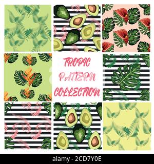 Nahtloses Muster tropischer Blumen grüne Blätter von Palmen und Blumen Vogel von paradis, Hibiskus, Avocado, Stock Vektor
