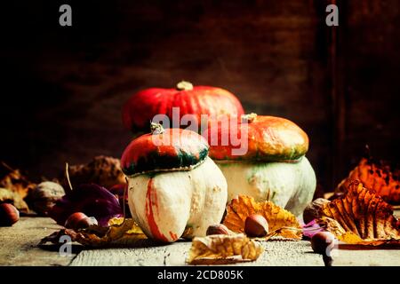 Herbstkonzept. Dekorative Kürbispilze auf einem Vintage-Holzhintergrund mit gefallenen Blättern und Nüssen, selektiver Fokus Stockfoto