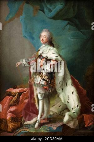 Friedrich V. (1723-1766), König von Dänemark und Norwegen mit Krönungsroben, Porträtmalerei von Carl Gustaf Pilo, 1747-1751 Stockfoto