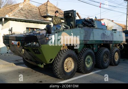 Alba Iulia, Rumänien - 01.12.2018: Polnische Dienstfrau, die auf einem gepanzerten Personallaufwagen steht Stockfoto