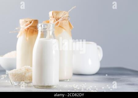 Veganer Reis Milch auf pflanzlicher Basis in Flaschen, Nahaufnahme, grauer Hintergrund. Nicht milchfreie Alternativmilch. Gesundes vegetarisches Essen und Trinken Konzept. Speicherplatz kopieren Stockfoto