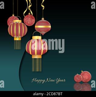 Rote Kugeln mit Goldverzierung, hängende rote Laternen im chinesischen Stil mit Konfetti auf dunkelgrünem Hintergrund. Chirstmas Neujahrskarte 2021. Text-Frohes neues Jahr. 3D-Illustration Stockfoto
