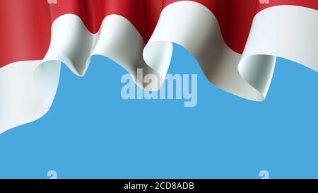 Schwenkende indonesische Flagge am blauen Himmel für Bannerdesign. Indonesische nationale wehende Flagge isoliert auf blauem Hintergrund. Festliches patriotisches Dessin-Muster, te Stockfoto