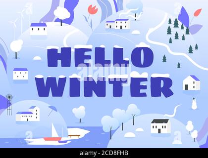 Hallo Winter Konzept Vektor Illustration. Cartoon flach Schnee Winterlandschaft mit Dorfhäusern auf Hügeln, Schneemann, Bäume und Hallo Winter Text-Schriftzug, natürliche Landschaft Typografie Design Hintergrund Stock Vektor